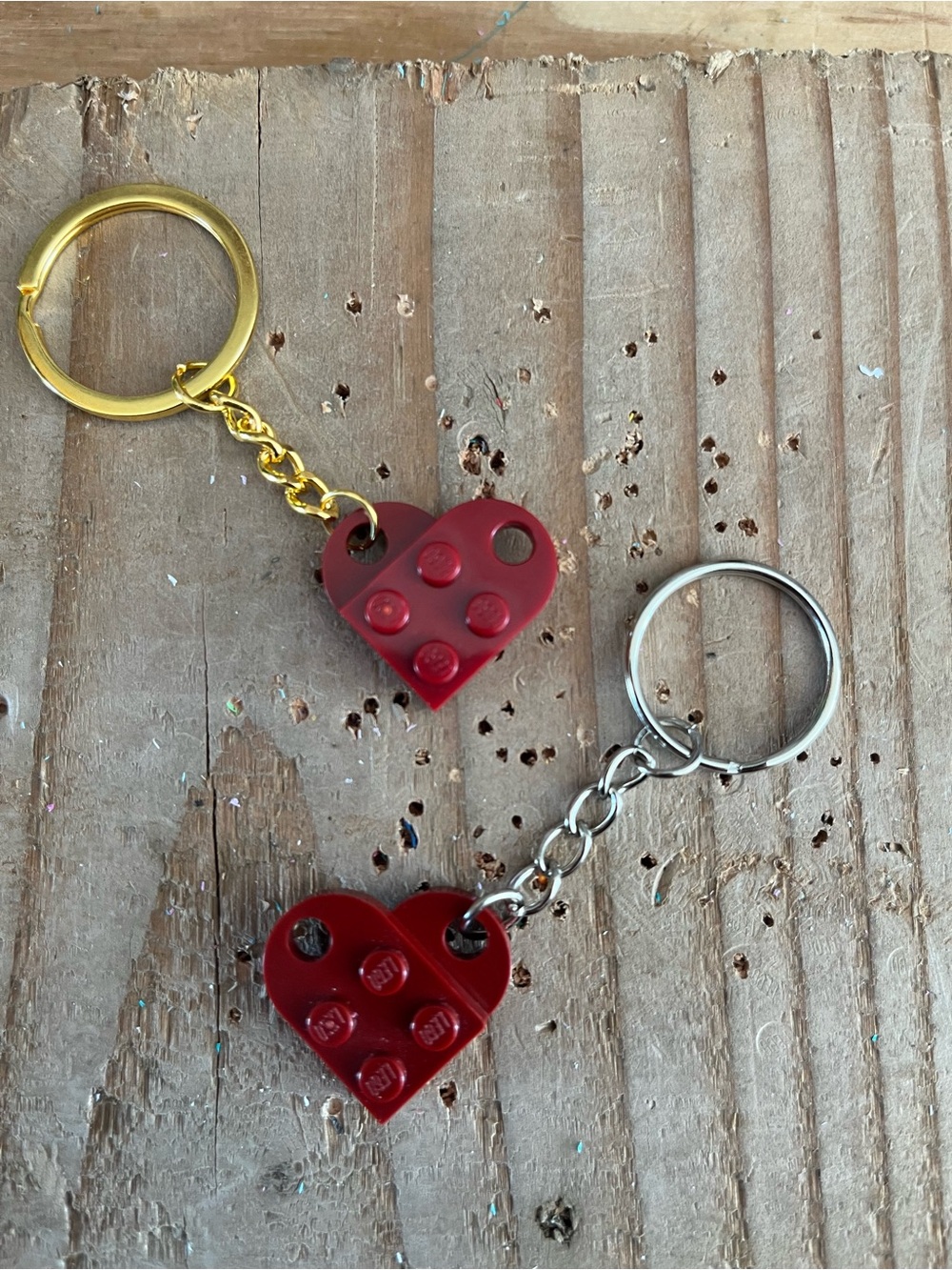 ONE Lego Burgundy Heart Keychain Handmade- gold or silver color